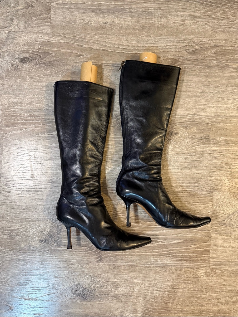 Vintage Jimmy Choo Peony Black Leather Pointed Toe Knee High Heeled Boots